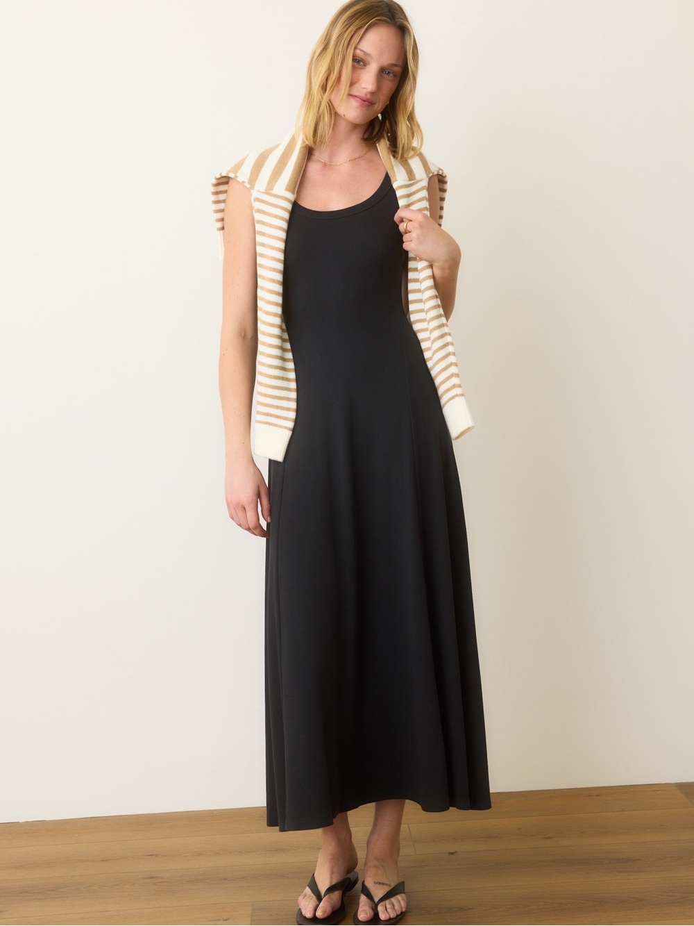 Marine Layer Lexi Ribbed Sun Fit & Flare Maxi Dress Black Casual Size Medium